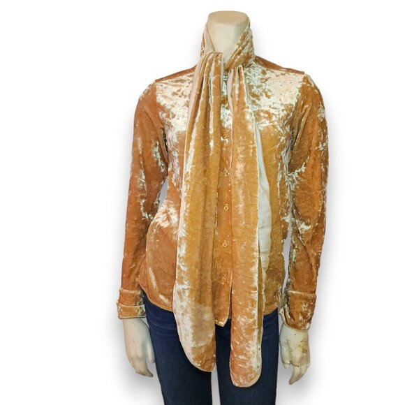 STAUD Golden Yellow Velvet Oversized Bow Button Down Blouse - Picture 2 of 12